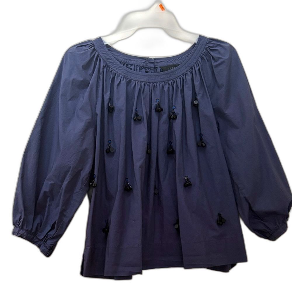 Ladies J. Crew Blue Cotton Blouse W/Black Beaded Accents Puff Sleeves Size PM